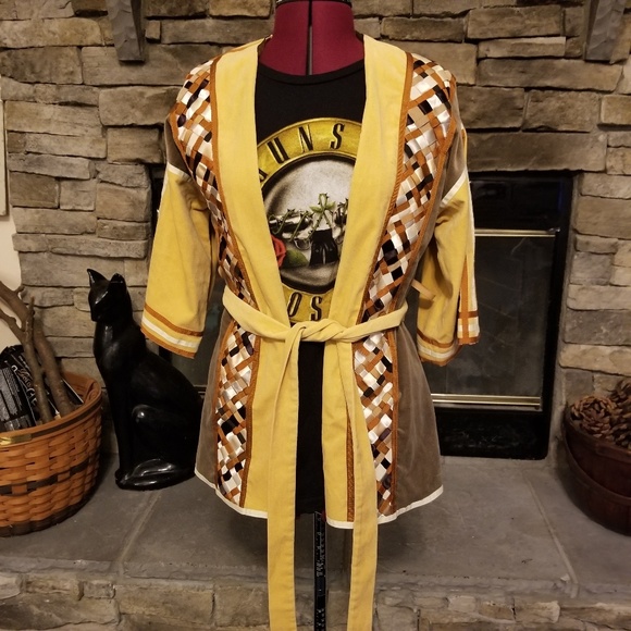 Vintage Velvet Woven Ribbon Patchwork Jacket Tie Sash Mustard Yellow Brown Cream - Picture 7 of 7